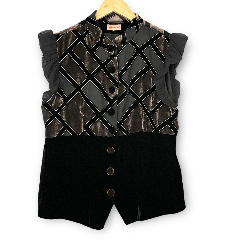 Fairy Grunge Silk Crushed Velvet Button Up Top Women M Ruffle Sleeve Regencycore